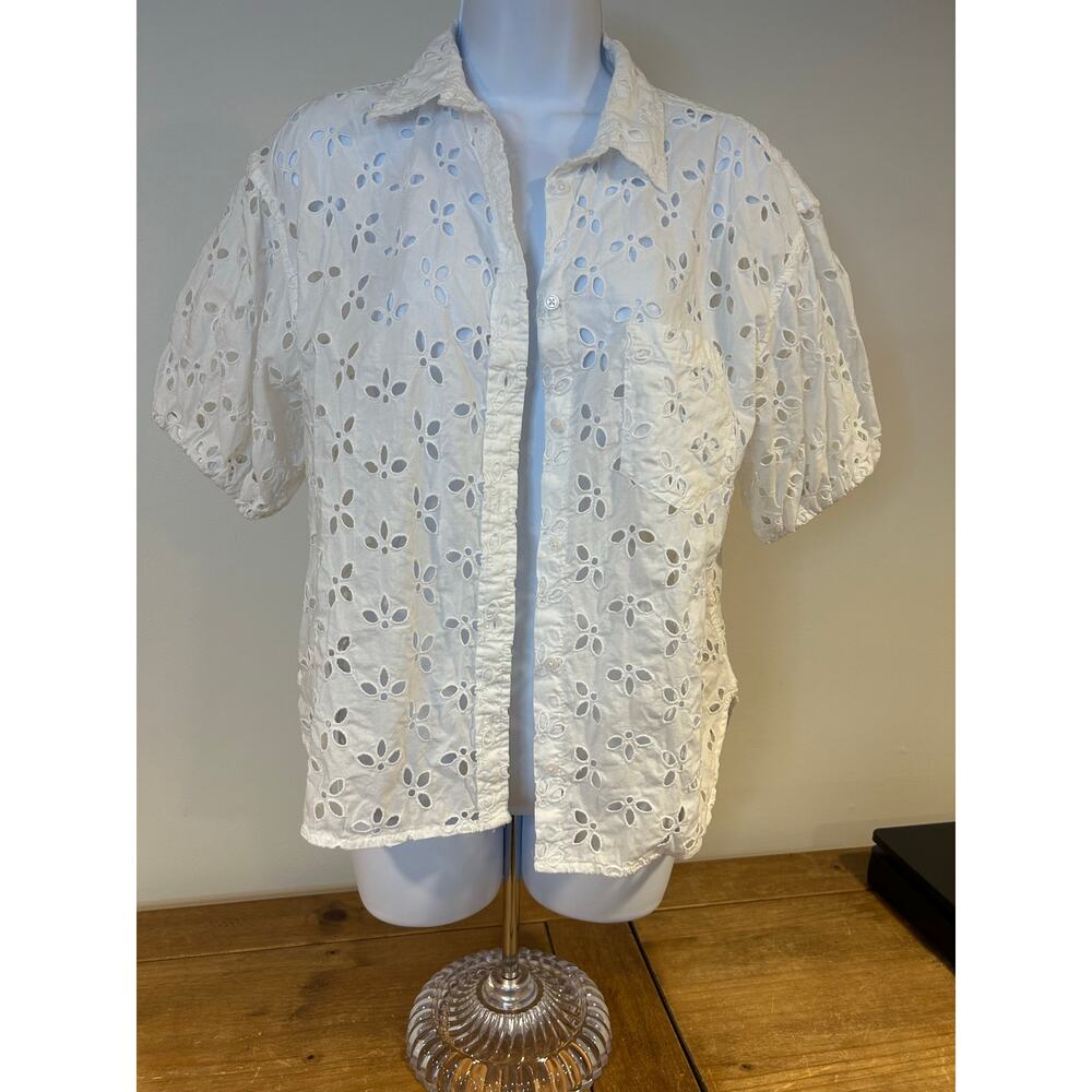 J CREW Sz 10 White Eyelet Cotton Button-Down Shirt Beach Feminine Coastal Resort